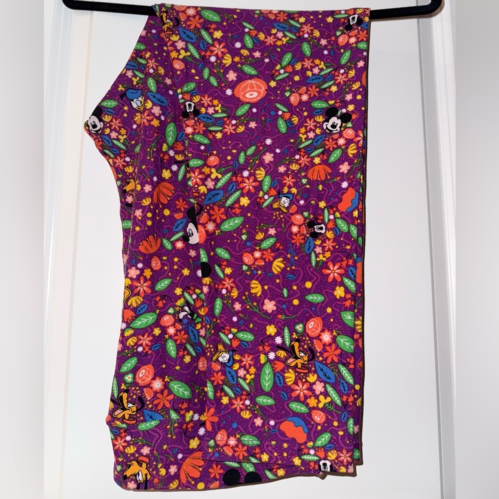 LuLaRoe Disney TC2 Leggings Purple Floral with Mickey, Donald, Goofy & Pluto